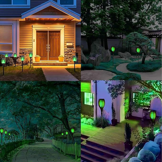 4 Pack Outdoor Solar Flame Light,Solar Lights Outdoor for Garden Decorations with Flickering Flame,IP65 Waterproof Solar Powered Yard Lights Torch Light for Lawn Patio Pathway (Green)