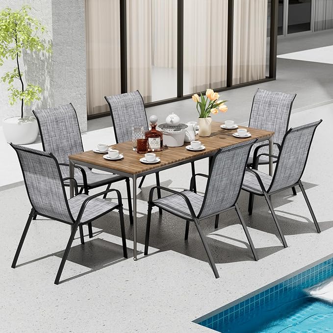 TLSUNNY Patio Chairs, Stackable Textilene Outdoor Dining Furniture for All Weather, with 17.7″ Wide Seat & Metal Frame, for Garden, Backyard, Deck, Restaurant, Poolside (6, Grey, 26.4″)