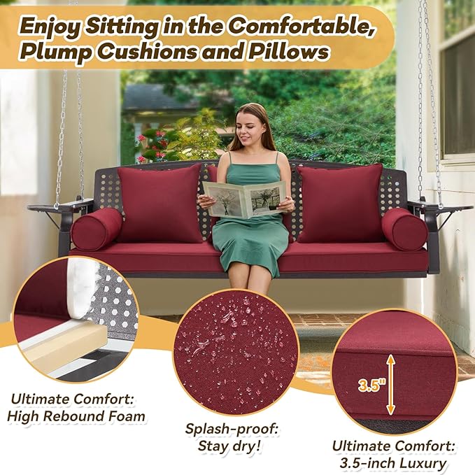 3 Seat Porch Swing, Patio Swing Bench with Cup Holders & 3 Back Cushions, Swing Chair with Chains for Deck Garden Backyard,Red