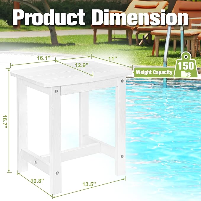 Y&M Outdoor Side Table, HIPS Adirondack Small Single Table, Waterproof Square Outside Table, Balcony Modern End Tables for Patio, Pool, Beach, Porch, Deck, Indoor or Outdoor Use (White, 2 Pack)