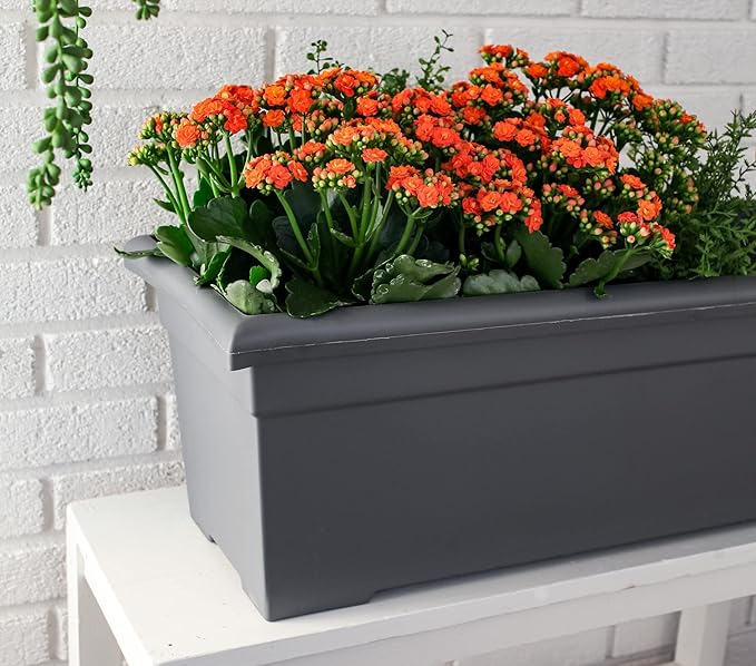 The HC Companies 28 Inch Romana Planter Box with Drainage Plug, Lightweight UV-Resistant Plastic Outdoor Planters, 1-Pack Flower Box for Garden, Patio, Balcony, and Fence, Warm Gray