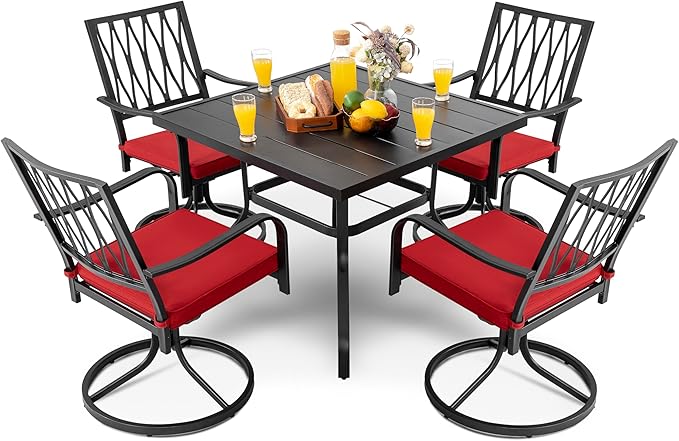 NUU GARDEN 5 Piece Outdoor Dining Set, Outdoor Furniture Set for Square Iron Umbrella Dining Table and 4 Cushioned Swivel Chairs, Black and Red Cushion