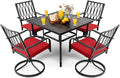 NUU GARDEN 5 Piece Outdoor Dining Set, Outdoor Furniture Set for Square Iron Umbrella Dining Table and 4 Cushioned Swivel Chairs, Black and Red Cushion