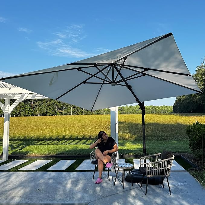 PURPLE LEAF 10 Feet Patio Umbrella with Base Outdoor Cantilever Solar Powered LED Swivel Square Umbrella Aluminum Offset Umbrella with 360-degree Rotation for Garden Deck Pool Patio White