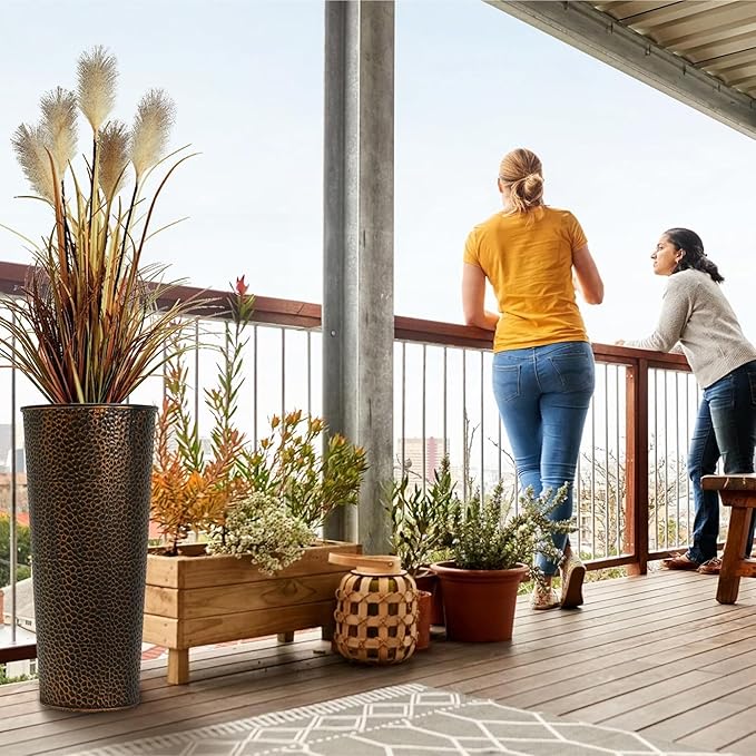 Worth 2 Pack 25" Tall Narrow Metal Planter with Inside Pot for Indoors or Outdoors, Deck, Patio or Front Porch, Hand-Hammered Texture, Bronze