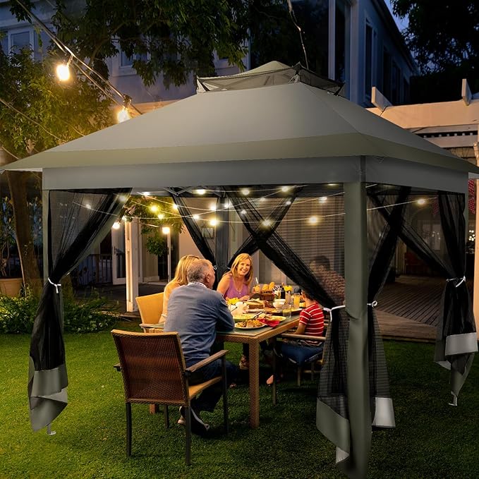 COBIZI 12x12 Pop Up Gazebos On Clearance - Upgrade Easy Up Metal Outdoor Gazebo Waterproof - Portable Gazebo with Mosquito Nettings, 4 Ropes 8 Stakes and Carry Bag for Patio Garden(Dark Gray)