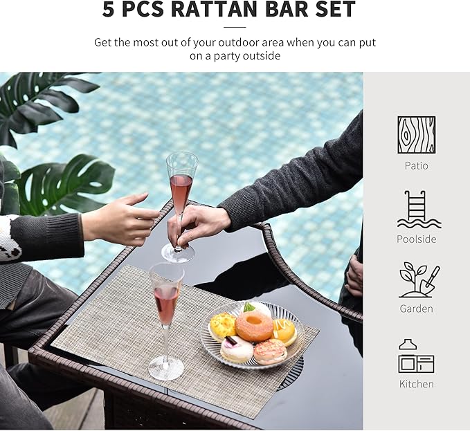 Outsunny 5 Pcs Rattan Wicker Bar Set, High Top Outdoor Table and Chairs, Bar Height Patio Set with Glass Table Top 2 Tier Storage Shelf, and 4 Bar Stools for Garden, Poolside, Dark Brown