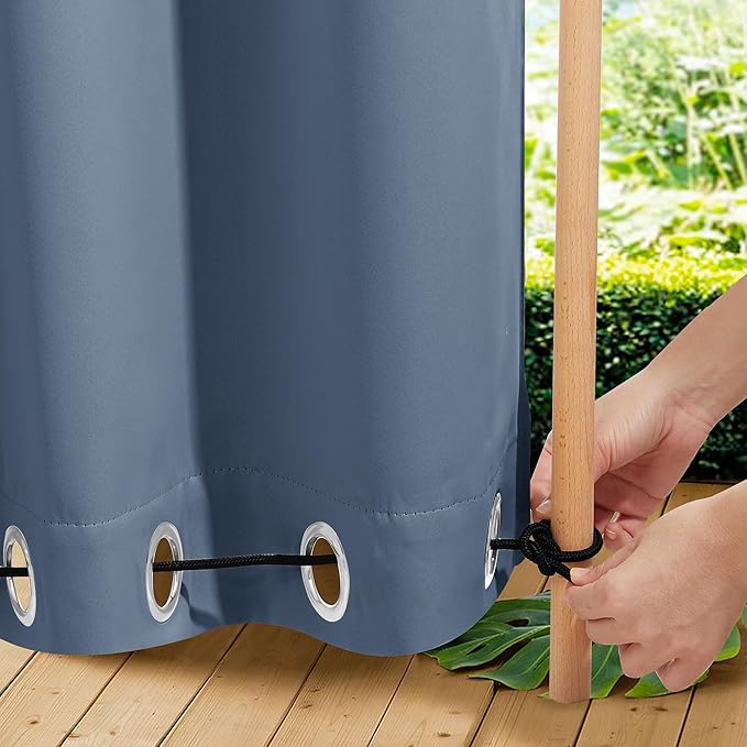 NICETOWN 2 Panels Outdoor Curtains for Patio Extra Wide 84", Waterproof & Windproof Grommet & Back Tab Fixed Top and Bottom Sun Blocking Privacy Drapes with Rope for Gazebo, Stone Blue, W84 x L95