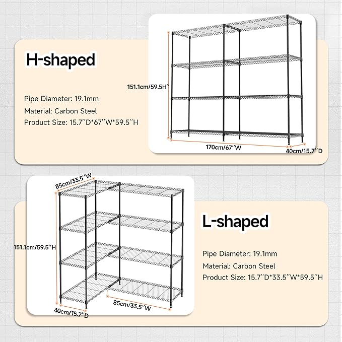 4 Tiers Storage Shelves Load 1200LBS, Metal Shelving Wire Metal Shelving Unit Shelves for Storage Adjustable Garage Shelving for Pantry Kitchen Garage Black 15.8" D x 33.5" W x 59.5" H