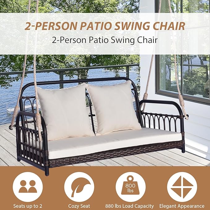 Tangkula Outdoor Wicker Porch Swing, 2-Person Hanging Seat with Seat & Back Cushions, Heavy-Duty Metal Frame & 2 Sturdy Hanging Ropes, Wicker Woven Swing Loveseat for Front Porch, Backyard (Off White)