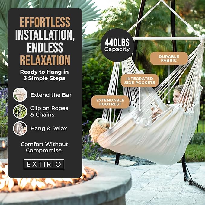 Hanging Hammock Chair Swing – Hanging Chair Outdoor & Indoor - Hammock Swing Chair – Quick & Easy Setup with Hardware Kit – Durable & Spacious Full Body Support with 2 Plush Cushions – Holds 440 Lbs