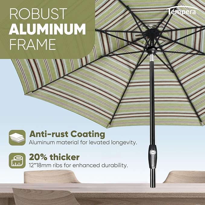 Tempera Patio Market Outdoor Table Umbrella with Auto Tilt and Crank, Large Sun Umbrella with Sturdy Pole & Fade Resistant Canopy, Easy to Set