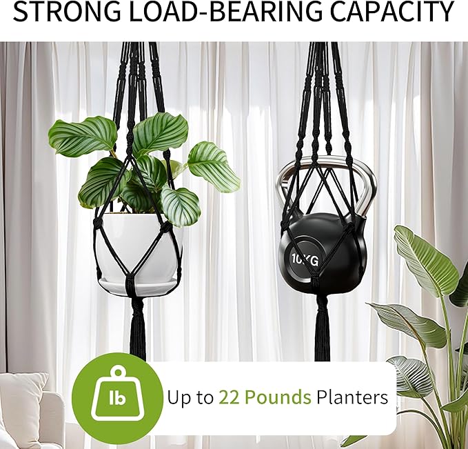 Macrame Plant Hanger - Fits 4 to 13 inches Pots for Indoor Outdoor, 34"/41"/46" 3 Sizes Set, Black (POTS NOT Included)