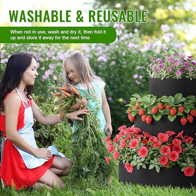 3 Tiered Strawberry Planter for Outdoor Plants, 23.6 Inch Heavy Duty Strawberry Garden Planter Grow Bags, Breathable Non Woven Fabric Raised Garden Bed for Vegetables Flower Herbs Gardening