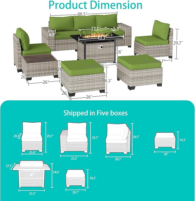 9-Piece Outdoor Patio Furniture Set with 55,000 BTU Fire Pit Table, PE Wicker Rattan Sectional Sofa Patio Conversation Set with Ottomans & Coffee Table, Avocado Green