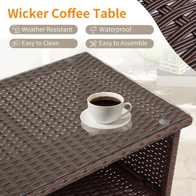 VINGLI Outdoor Wicker CoffeeTable Patio Coffee Tables for Outside, Tempered Glass Top Wicker Table with Storage Coffee Table for Patio Balcony Porch Deck (Brown)