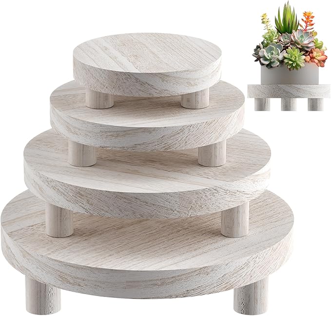 Wood Plant Stand Indoor Outdoor, 12/10/8/6" Round Wood Riser for Decor Wooden Stool Display Stand Flower Pot Holder Small Planter Tray Modern Potter Decorative for Desktop Counter Room
