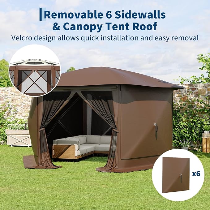 13x13FT 6-Sided Pop Up Gazebo Tent，One-Push Setup Canopy Tent with Removable Canopy Top & Wind Cloths, Outdoor shelter for Camping, Backyard Parties, Outdoor Events - Beige & Khaki