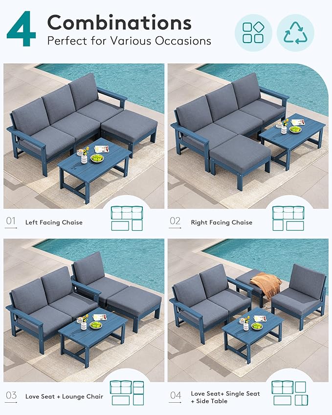 SERWALL Outdoor Sectional Sofa Set, 5-piece Outdoor Modula Couch Set with Ottoman, All Weather Patio Furniture Set with Chaise for Deck, Lawn, Blue Frame with Gray Cushion