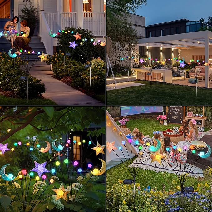 TAKE ME Solar Firefly Lights Outdoor Moon Star Sun Projection Stake Lights - Waterproof Solar Powered Garden Lights for Pathway, Yard, Patio Decor Color Changing