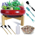 Large Succulent Pots with Drainage & Stand, 10 inch Ceramic Succulent Planter for indoor Plants plus Decorative Rock Stone Pebbles 2.2lb & Garden Tools Set, Perfect for Bonsai, Cactus Beginner