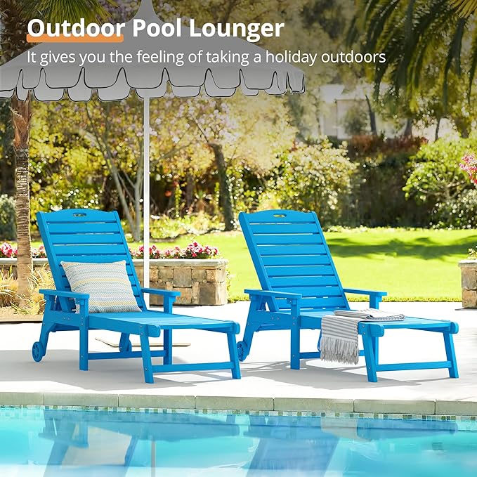 LUE BONA Chaise Lounge Chair with Table, 6-Piece, HDPS Chaise Lounger, 5 Positions Adjustable Lounge Chairs, Pool Lounge Chair with Wheels for Poolside, Backyard, Blue