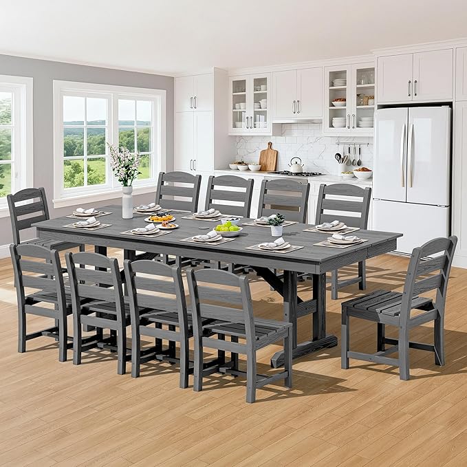 SERWALL 11 Piece Outdoor Dining Set, 84" HDPE Outdoor Table and Chairs for 10，All Weather Patio Furniture Set with Umbrella Hole for Backyard, Garden, Gray