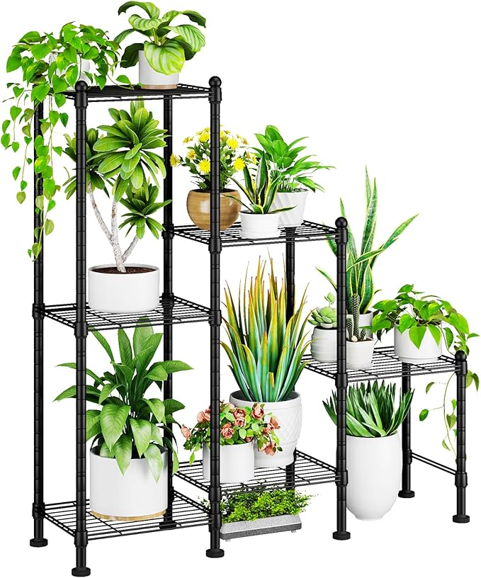 Plant Stand Indoor Outdoor, Heavy Duty Metal Waterproof 6 Tiered Plant Shelf for Multiple Flower Planter Holder Rack, Black - C6