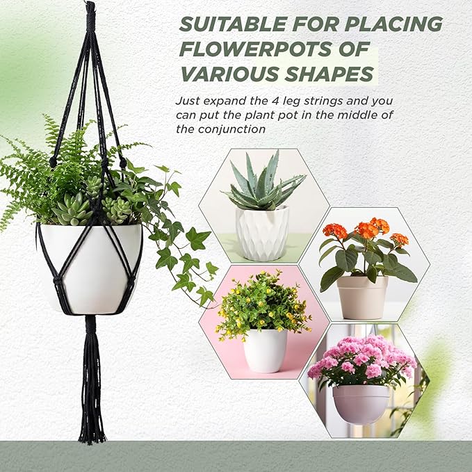 EBOOT 2 Pack 48 Inch Large Macrame Plant Hanger Rope to Hang Flower Pot Plant Holder for Indoor Outdoor Decorations, 4 Legs (Black)