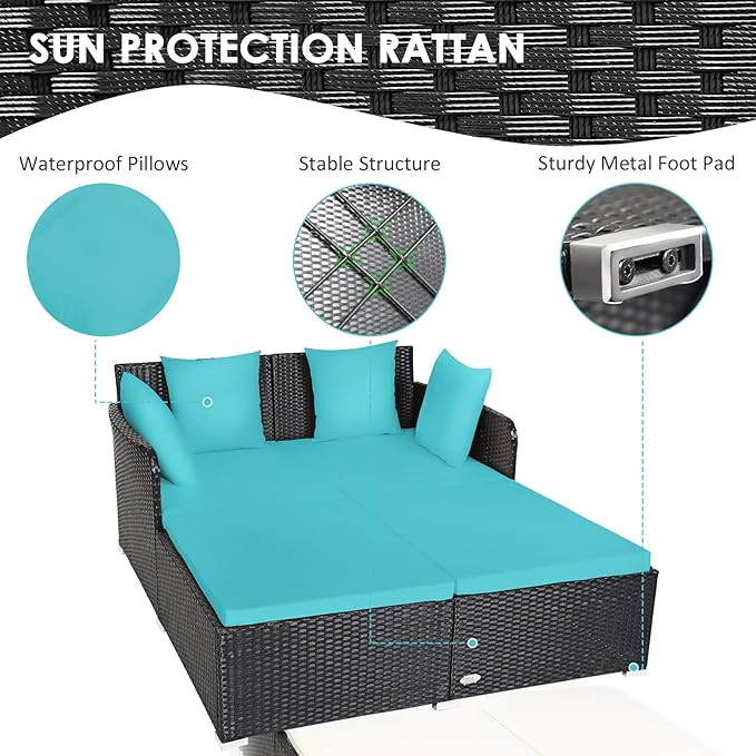 COSTWAY Outdoor Patio Rattan Daybed, Sponge Cushioned Loveseat Sofa with 4 Pillows, Wicker Furniture Sunbed for Balcony, Courtyard (Turquoise)