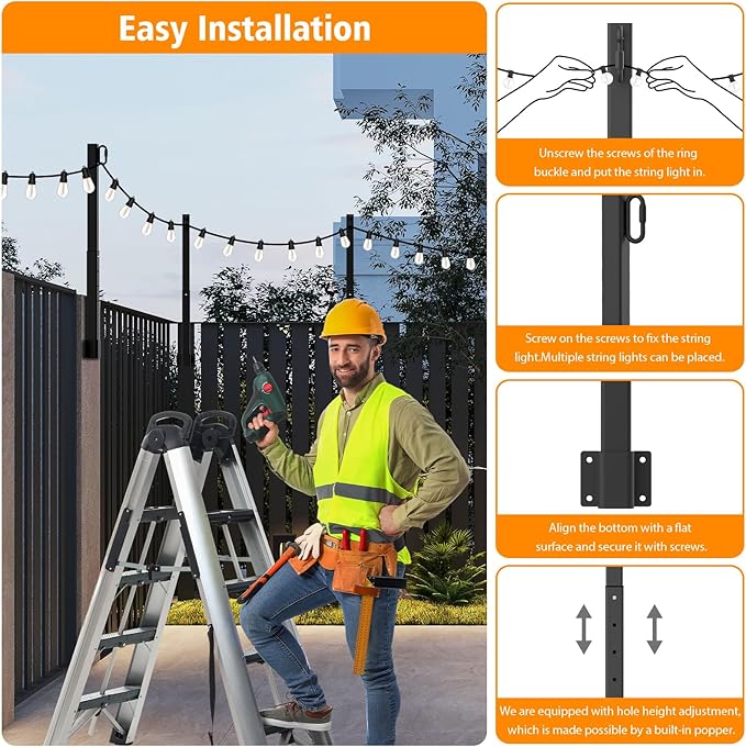 AILBTON 6 Pack 2.8Ft String Light Poles,Light Poles for Outside String Lights,Outdoor Light Poles with Fence Bracket,Metal Pole Stand for Patio,Backyard,Deck