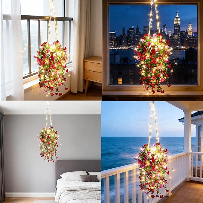Comtelek Artificial Flowers for Outdoors Fake Hanging Plants with Lights, 4pcs Silk Flowers UV Resistant Realistic Hanging Planter Faux Flower for Outside Porch Patio Home Garden Yard Decor