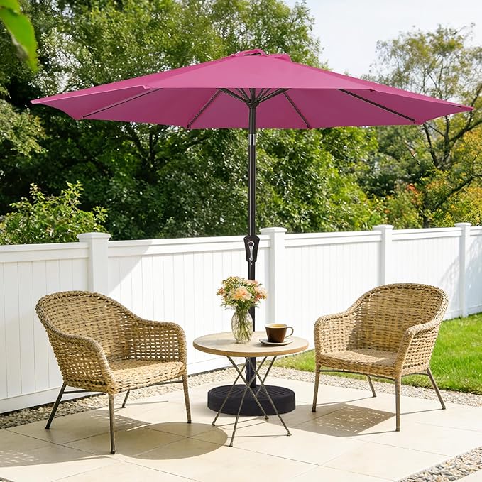MEWAY 9ft Patio Umbrella Outdoor Table Umbrellas with Push Button Tilt and Crank, Market Umbrella 8 Sturdy Ribs for Deck, Garden, Pool and Backyard, Pink