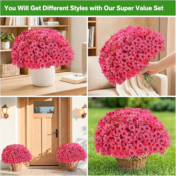 22 Bundles Artificial Flowers Outdoor Fake Plants, Faux Flowers UV Resistant with Plastic Plants, Faux Silk Flowers for Outdoors Outside Front Porch Hanging Planter Window Garden Decoration(Rose Red)