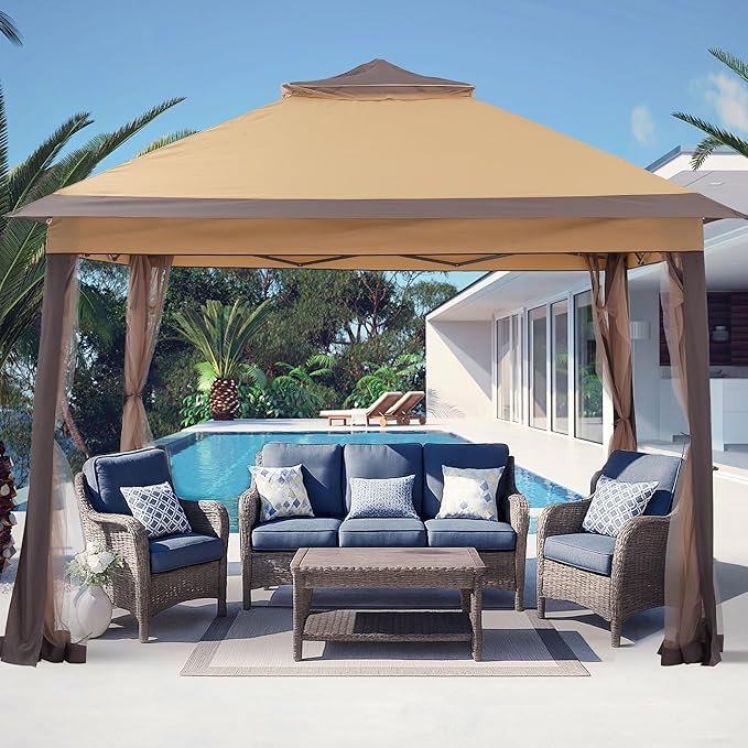 GDY 11x11 Pop Up Canopy Tent, Outdoor Canopy with Netting, Outdoor Gazebo for Backyard, Tent with Handbag, Brown.