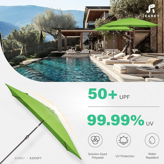 JEAREY 6.5x10 ft Rectangular Patio Umbrellas Rectangle Outdoor Umbrella with Push Button Tilt and Crank, Market Table Umbrella 6 Sturdy Ribs UV Protection for Poolside Garden Backyard Deck, Glass Green