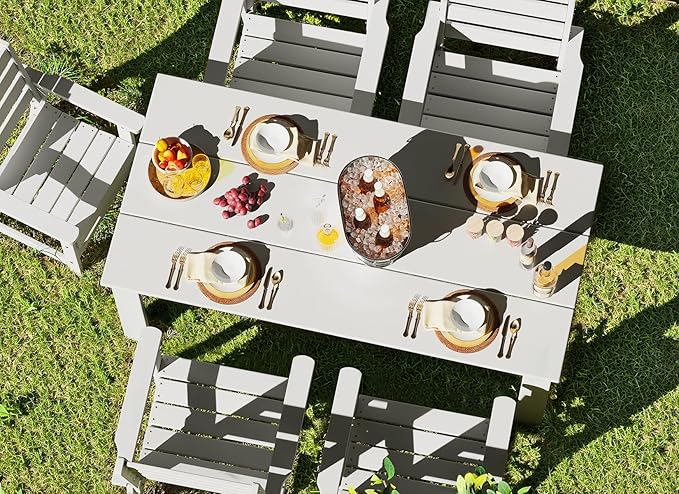 GREENVINES Outdoor Dining Table | 67’’ | HDPE | Rectangle Tables for 6 | All-Weather | Umbrella Hole | Patio Furniture | for Poolside Backyard Garden | White