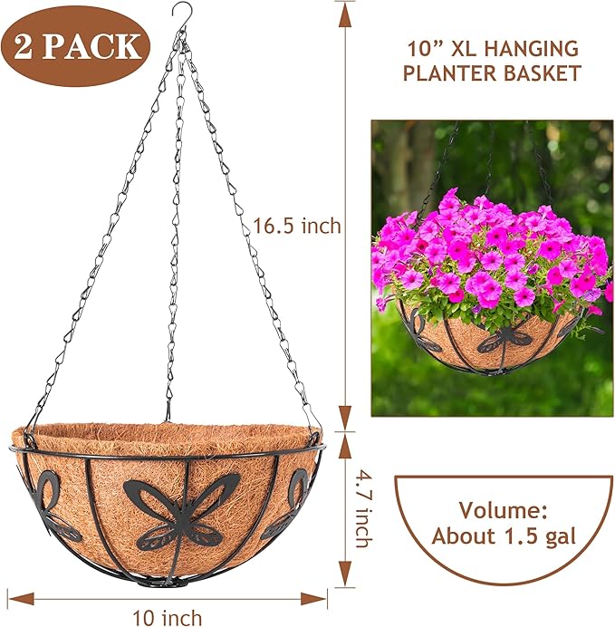 Hanging Baskets Planter for Plants, 2 Pack 10 Inch Round Metal Wire Hanging Flower Pots with Coco Coir Liner Chain, Plant Holder for Home Garden Balcony Decor