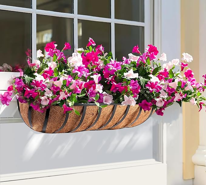 Y&M 30-Inch Window Planter Box 2Pcs Iron Deck Railing With Coco Liner, Metal Horse Troughs for Outdoor Balcony Rail Fence Porch Patio