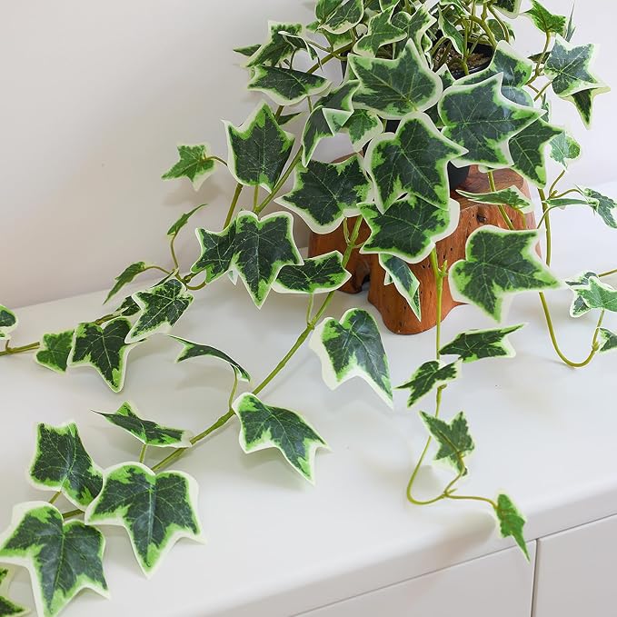 Fake English Ivy Plants in Pots Set of 2 – Realistic Artificial Ivy Greenery for Home Decor, Tabletop, Office, Shelf, Balcony, Lifelike Faux Hanging Vines, No Maintenance Required - White and Green
