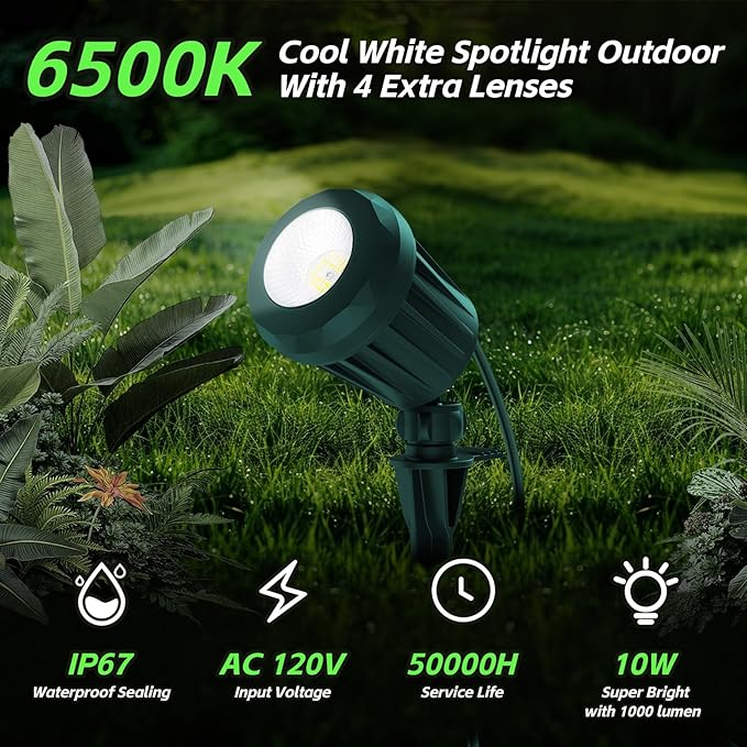 Spotlight Outdoor – 120V Plug-In, 6500K Cool White LED Landscape Lighting with RGB Purple 4 Color Lenses for Yard, Garden, Lawn & Tree Decor on Holidays&Everyday, IP67 Waterproof (1 Pack,Green)