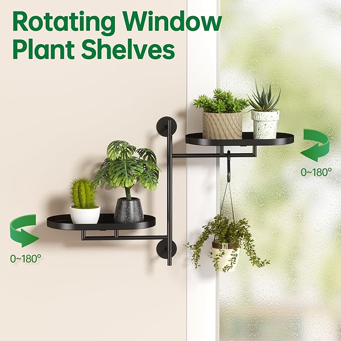 Rotating Window Shelves for Multiple Plants Indoor,2-tier Metal Corner Black Plant Stand Holder Floating Hanger Shelf for Wall，Windows Sill Gifts for Planter Lover to Enhance Home Decor