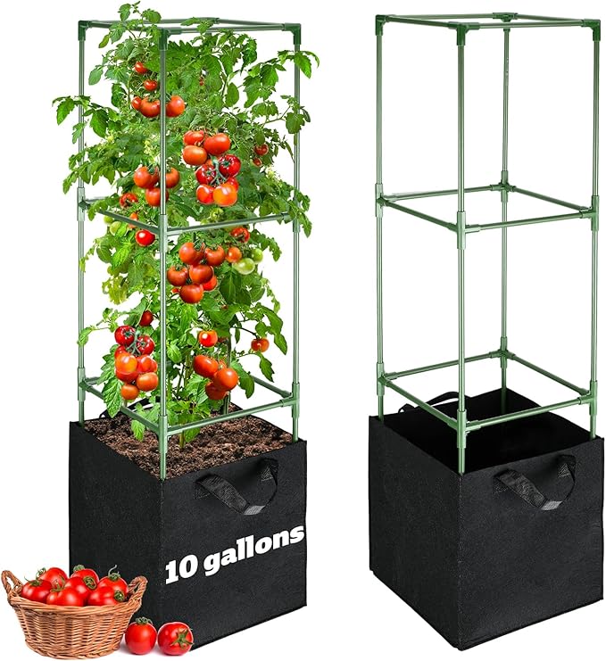 ANPHSIN 3 Sets Tomato Cages with 10 Gallon Grow Bags - 47'' Stable Plant Support Trellis Kit, Square Cages with Planter Pots for Garden Flowers Vegetables Cucumber Vertical Climbing Plants Vines
