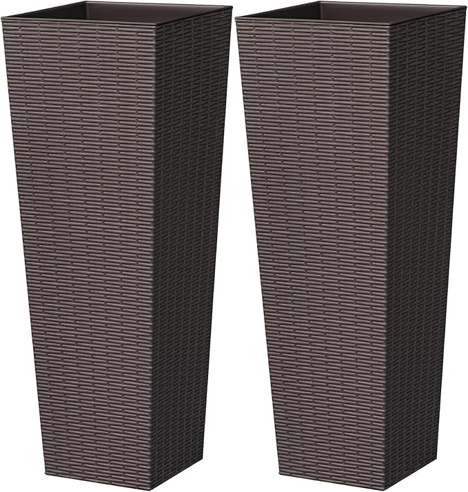 Greesum 32 Inch Tall Plastic Planters(Set of 2), Detachable Inner Pot & Drainage Holes, Outdoor Decorative Flower Pots for Large Plants, Trees, Patio, and Garden, Brown