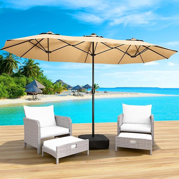 LEVELEVE 14FT Double-Sided Patio Umbrella with Base Included, Large Outdoor Rectangular Market Umbrella for Backyard, Poolside, Lawn & Garden, Khaki