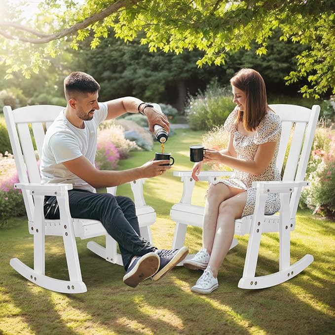 VINGLI Heavy Duty 600 LBS Outdoor Wooden Rocking Chair with Higher Backrest,Patio Rocking Chair with Ergonomic Design, Weatherproof Outdoor Rockers Suit for Patio, Garden, Balcony, Yard, White