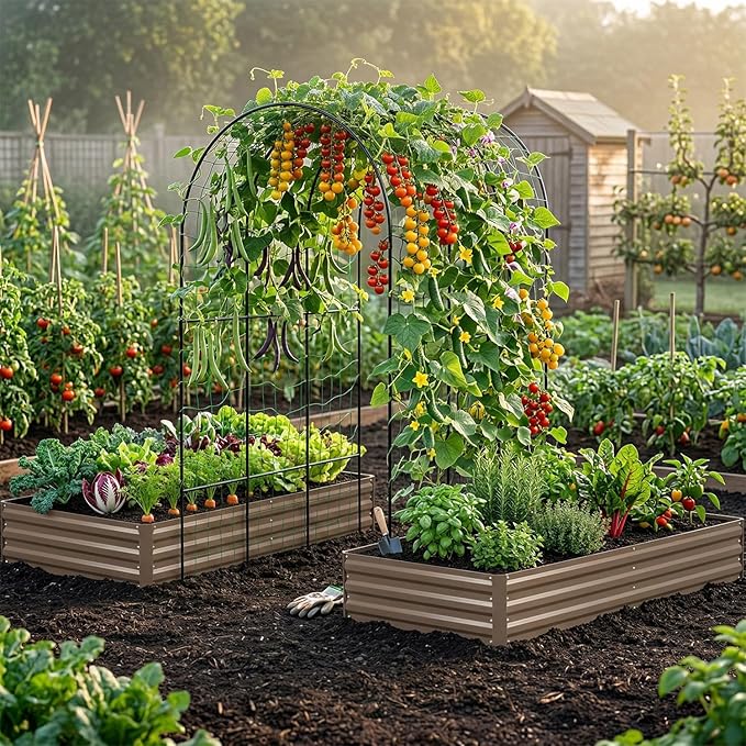 DTIG Galvanized Raised Garden Bed with Trellis, 6×3×1 FT 2 Pack Outdoor Garden Bed, Upgraded 4×3 Support, Brown