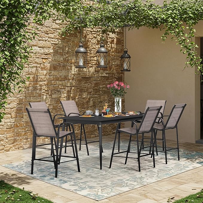 HOMREST Outdoor Bar Height Stools Set of 6,High Back Patio Chairs with Armrests,Textilene Chairs with Breathable Fabric & Metal Frame for All Weather,Taupe