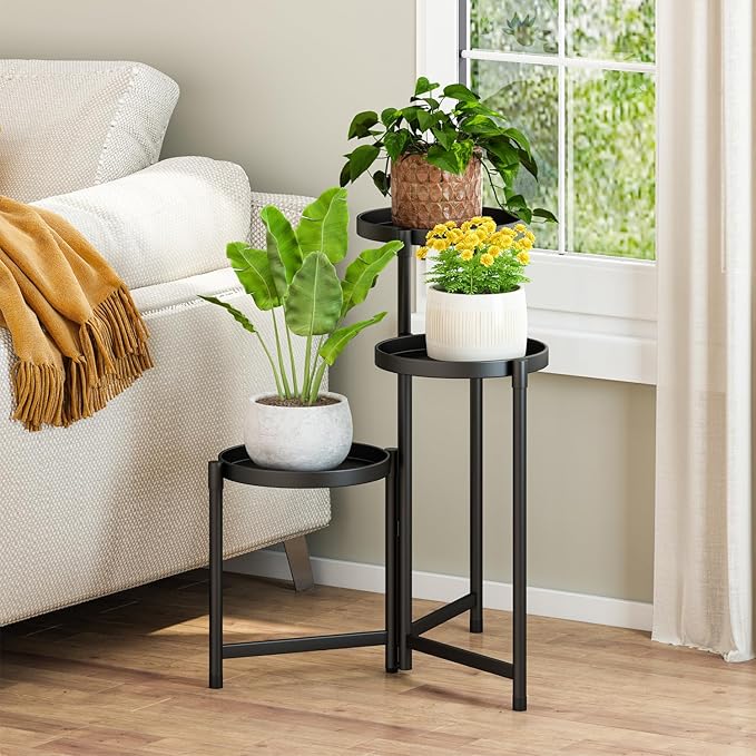 Plant Stand indoor outdoor-3 Tier black Tall Metal Flower Pot Holder 9in Wide Potted Display Rack - Heavy Duty Corner Plant Shelf for Patio Garden Balcony Living Bedroom Room