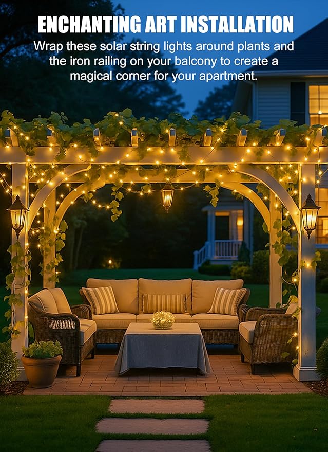 Minetom Solar String Lights for Outside, 6 Packs Total 198Ft 600 LED Outdoor Solar Fairy Lights, 8 Modes Balcony Lights for Tree Patio Christmas Party Wedding Decor (Warm White)
